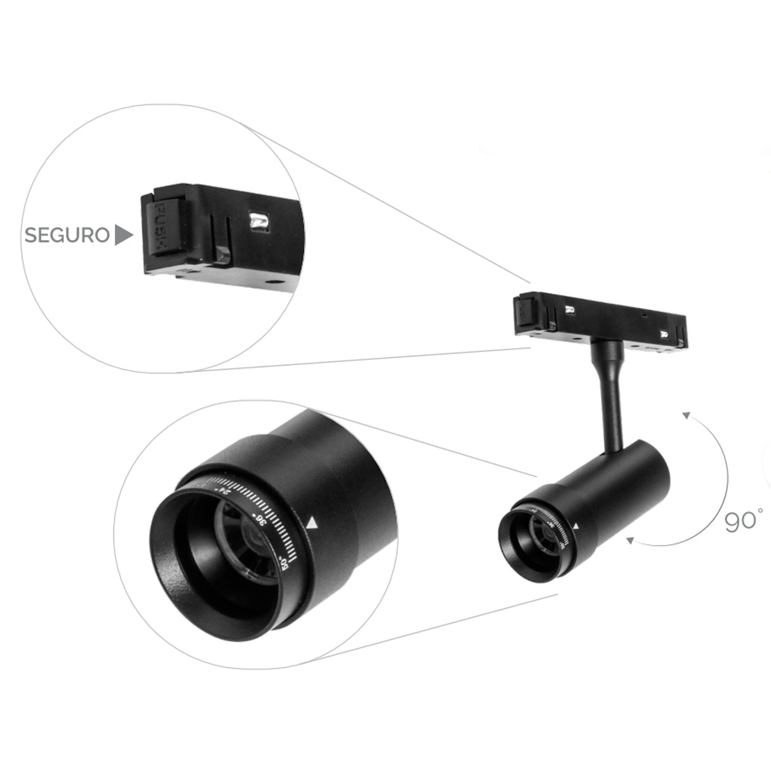 Spot LED Magnético de 7W en Negro para Riel 48V Luz Cálida 3000K y Lente de Foco Ajustable - ILUMILEDS