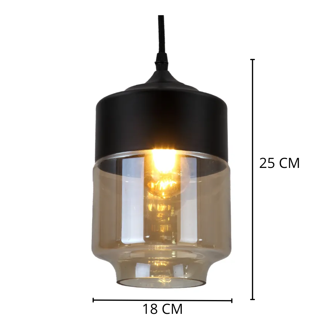 Lámpara Colgante Cilíndrica de Cristal Ámbar y Negro Estilo Vintage moderno con 1 luz E27 Altura Ajustable Ideal para Interiores - NGR