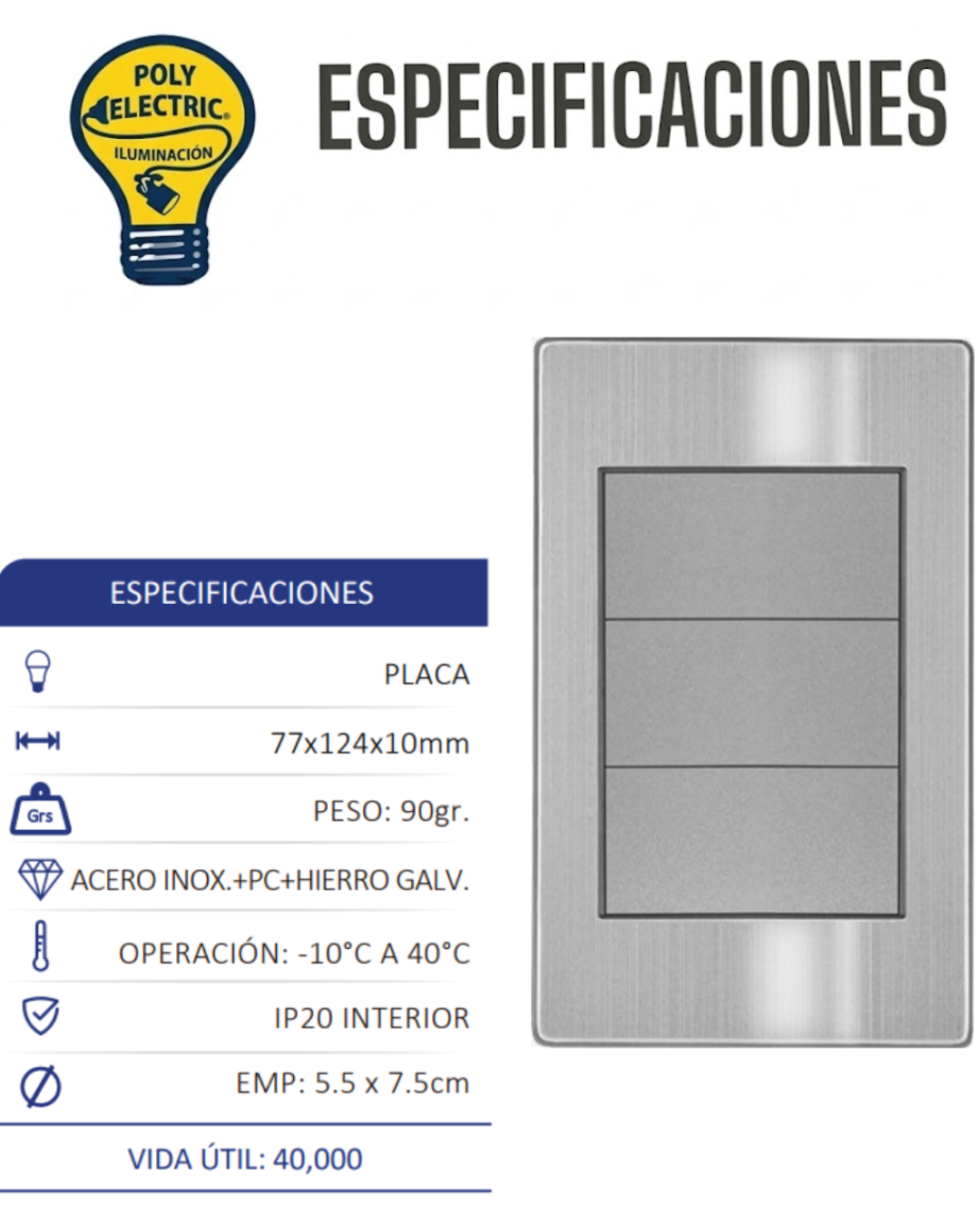 Placa Tapa Ciega de Acero Inoxidable Gris  -  ARTLITE