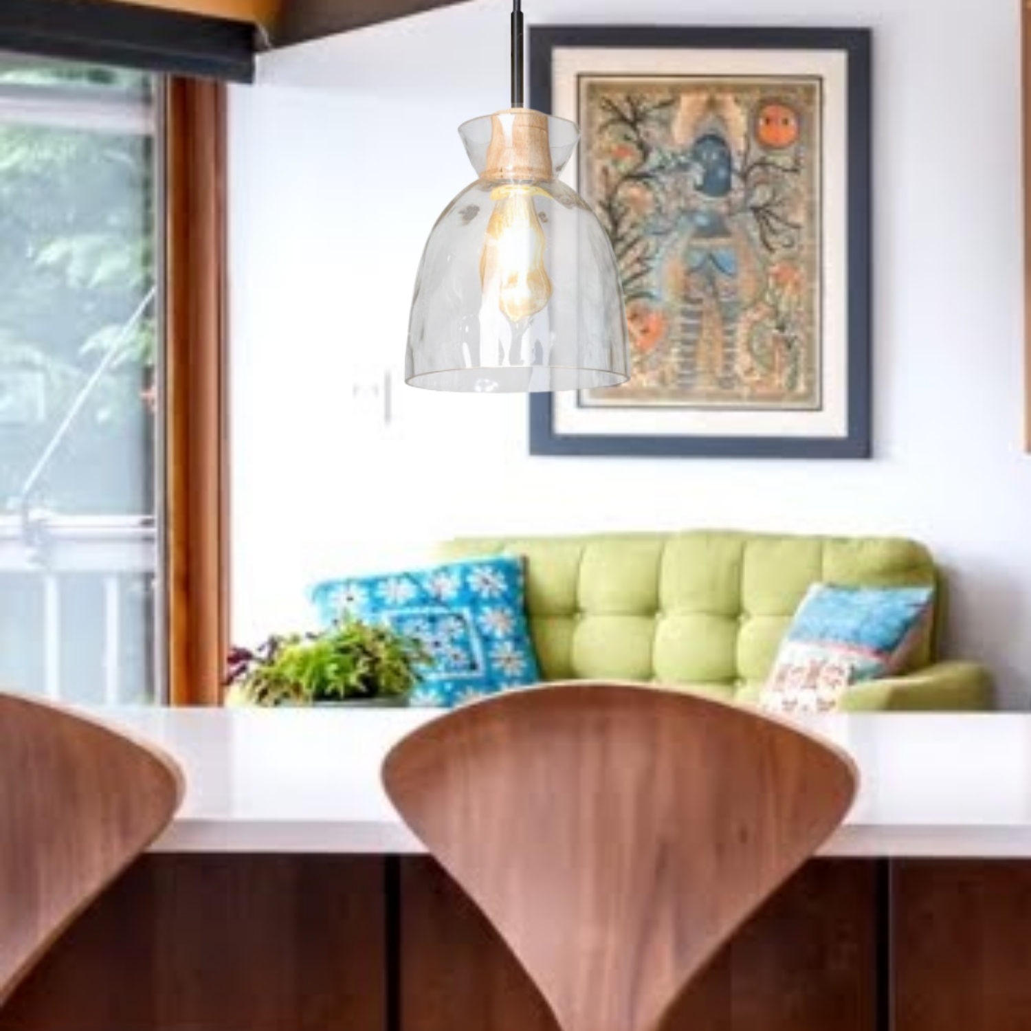 Lámpara Colgante de Vidrio con Madera | Estilo Nórdico – Base E26 | Sin Foco-  Maxxi MX-CL7032