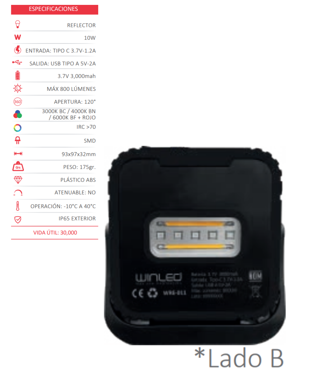 Reflector LED Portátil 10W Dos Vistas USB, Ajustable 6500K/4000K/3000K y Luz Roja Lámpara Exterior, Iluminación LED Recargable  - WINLED