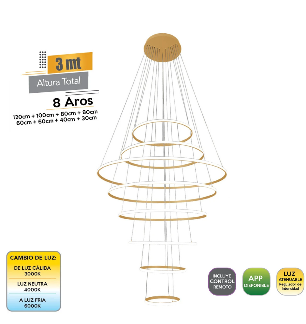 Lámpara Colgante LED, 8 Aros 230W Atenuable 3 Tonos, Control Remoto + App, Acabado Oro - 2G Iluminación
