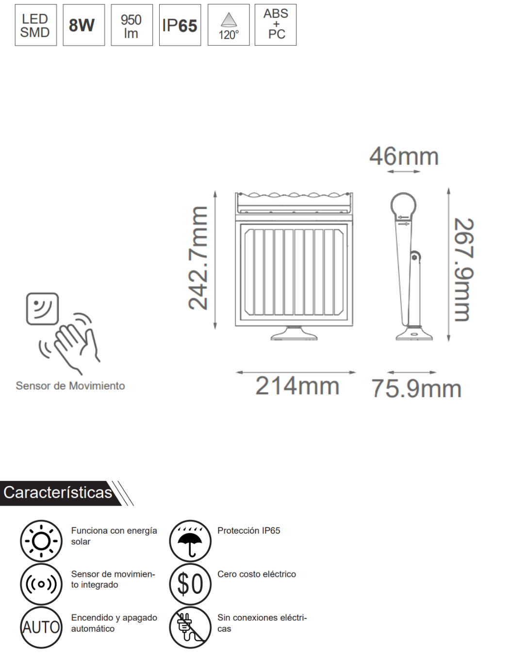 Lámpara Solar LED 8W 950lm IP65 Compacta, Eficiente y Totalmente Autónoma – ASTROLED