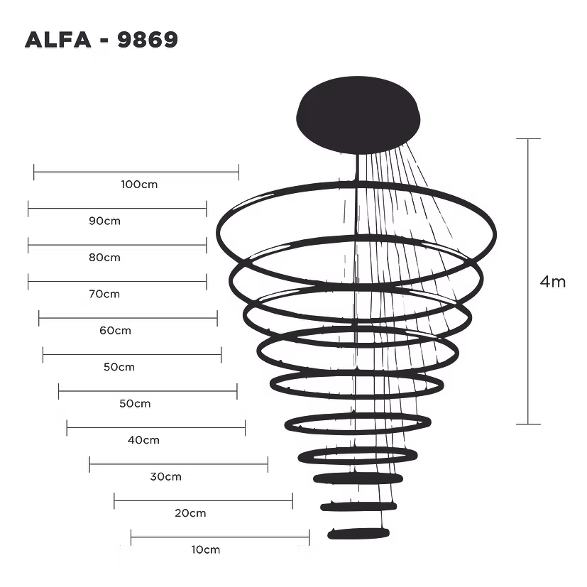 Lámpara Colgante LED ALFA 9869-B, 10 Aros de Luz, Control Remoto,3 Tonos de Luz – Luxica