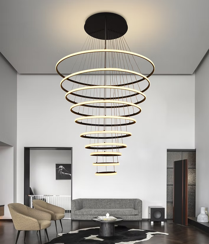 Lámpara Colgante LED ALFA 9869-B, 10 Aros de Luz, Control Remoto,3 Tonos de Luz – Luxica