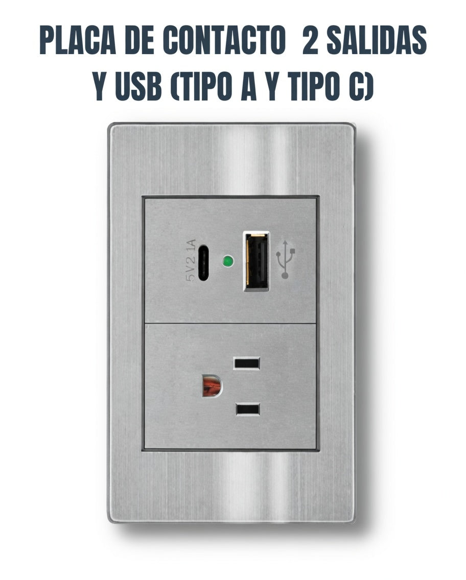 Placa de Pared con Contacto Eléctrico y Puertos USB-A + Tipo C Gris - ARTLITE