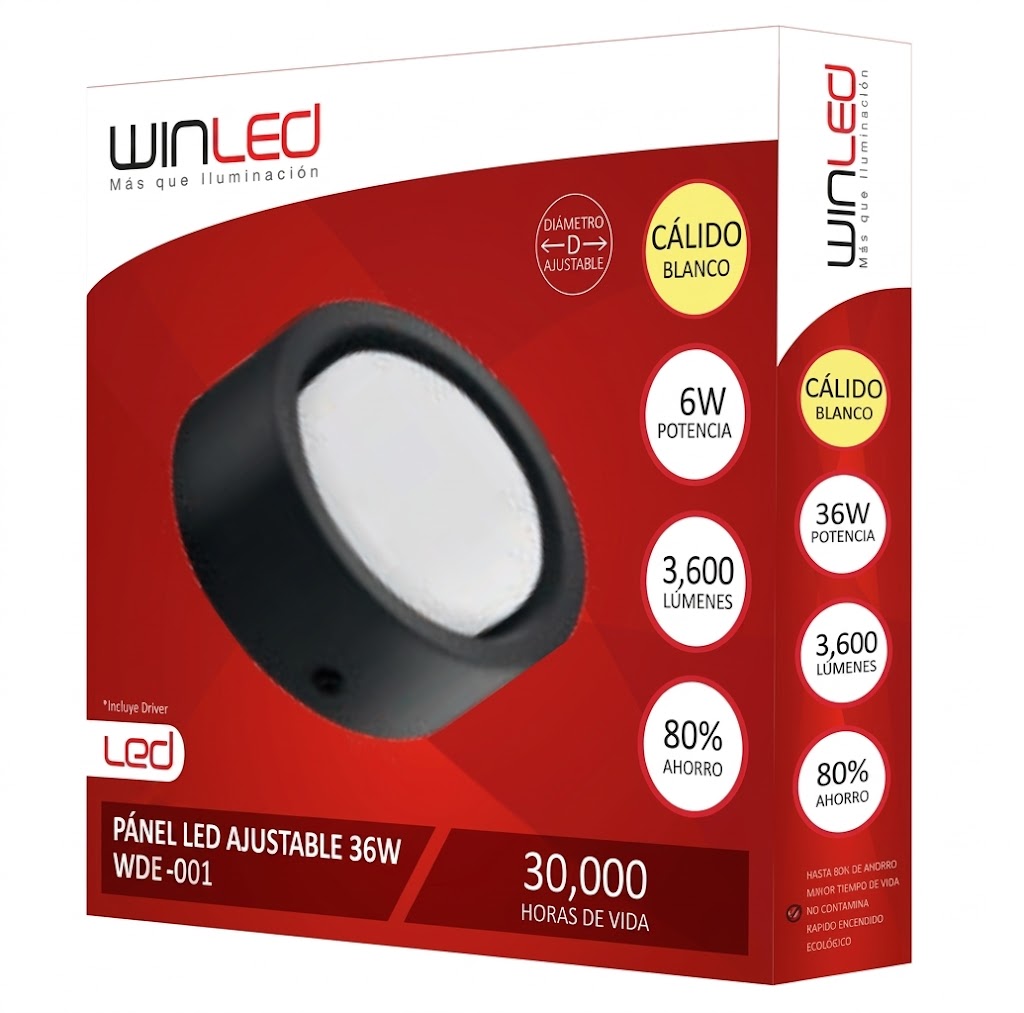 Lámpara LED Circular para Sobreponer en Techo 12W de Metal Negro Luz Blanca Cálida - WINLED