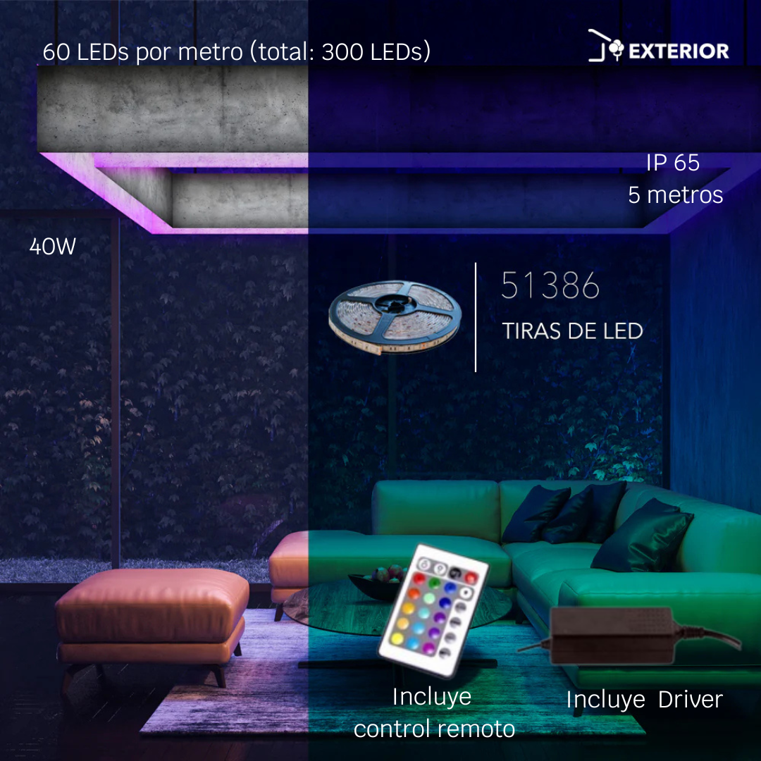 Tira LED RGB 5 Metros con Control Remoto 60 LEDs/m, IP65, Interior y Exterior –  Philco