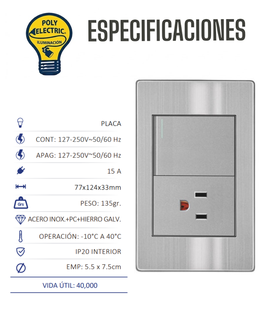 Placa con Contacto y Apagador Sencillo 127/250V - ARTLITE