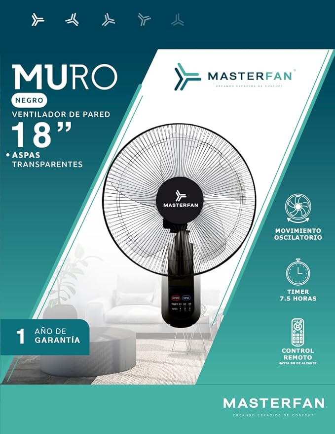Ventilador de Pared Muro 18" Negro con Control Remoto, Oscilación 180° y 3 Velocidades – Masterfan