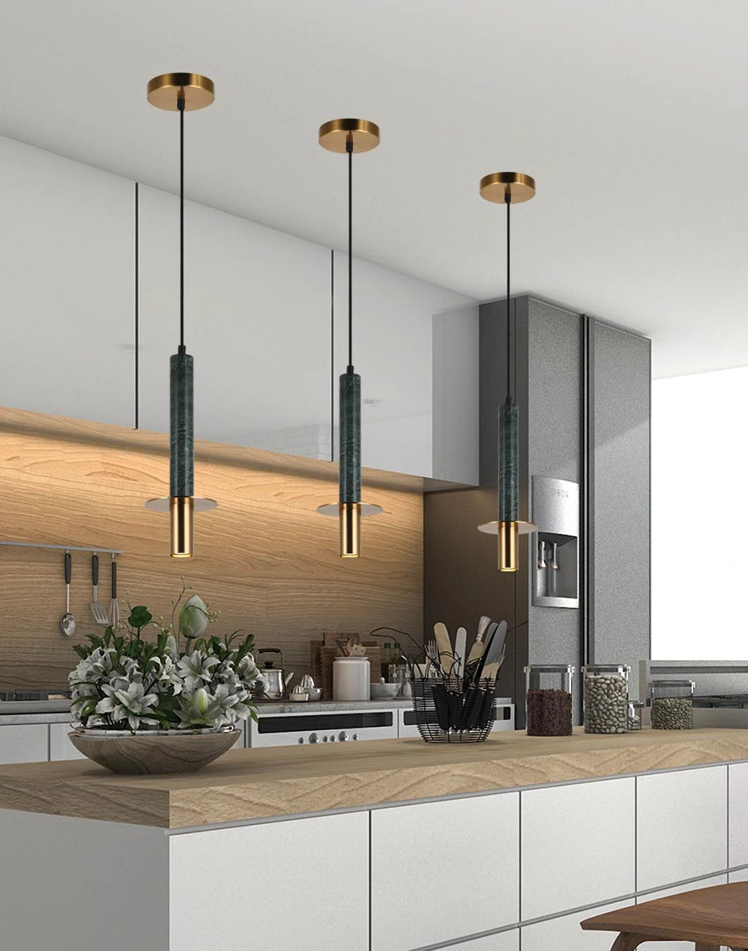 Lámpara Colgante MARINI con Pantalla Mármol Verde , LED GU10 3W 4000K , Acabado Dorado - 2G Iluminación