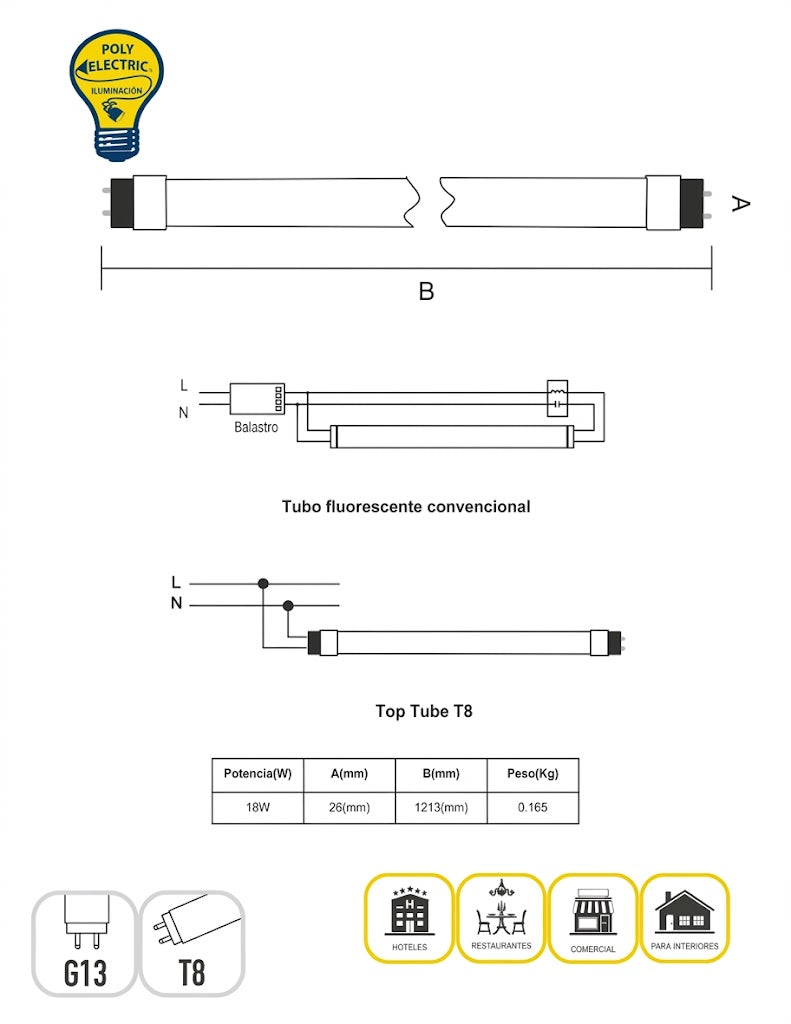 Tubo LED T8 1.20 Metros 18W 6500K Conexión 1 Lado - LUMIANCE
