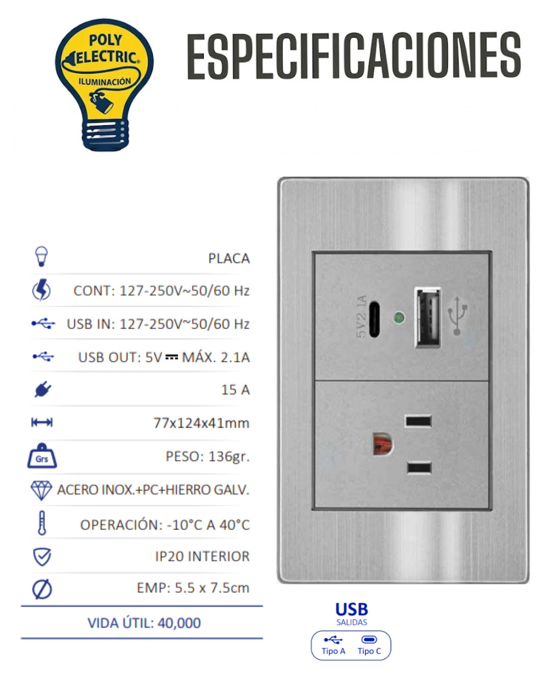 Placa de Pared con Contacto Eléctrico y Puertos USB-A + Tipo C Gris - ARTLITE