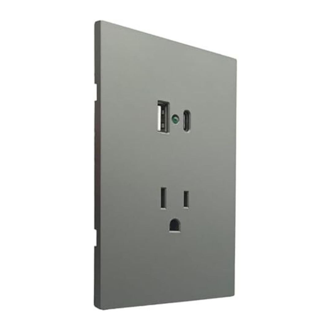 Placa Luxury APL-407 Con Contacto y 2 Puertos Usb Tipo A y C  Gris Oxford Skin Feel  127–250v 15a  Diseño Moderno y Funcional - Luxury Artlite