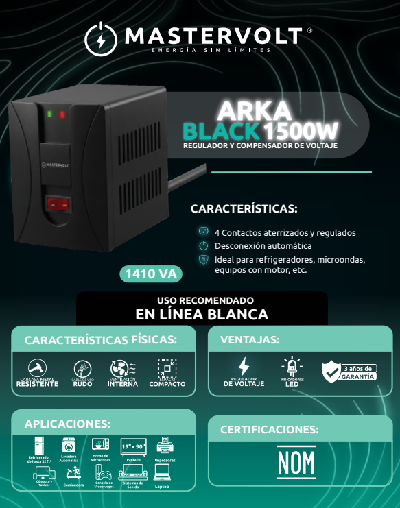 Regulador de Voltaje Mastervolt Arka Black 1500W Negro - MASTERFAN