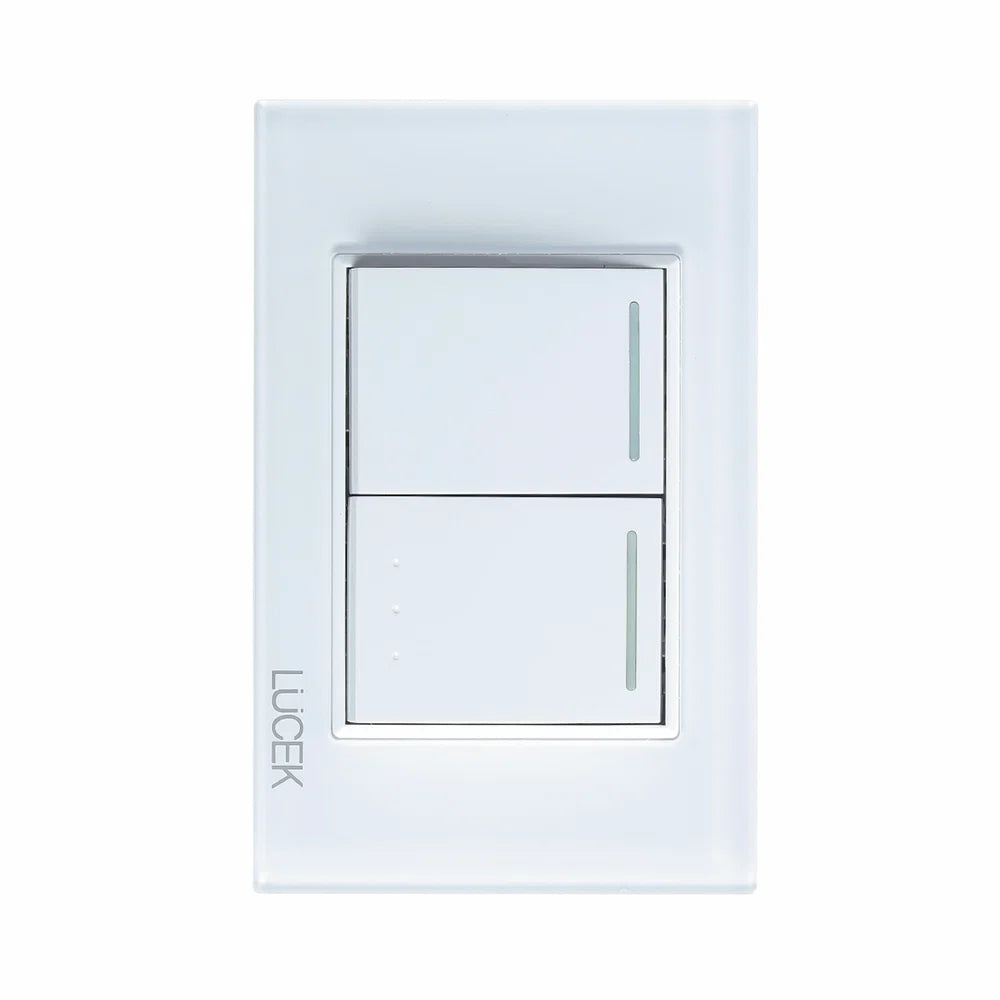 Placa con 1 Interruptor Sencillo y 1 de Escalera de 1.5 Módulos, Cristal Blanco - LUCEK