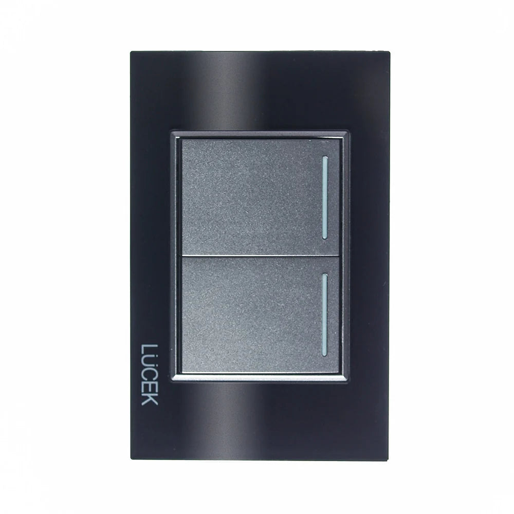 Placa con 2 Interruptores Sencillos de 1.5 Módulos, Cristal Negro - LUCEK