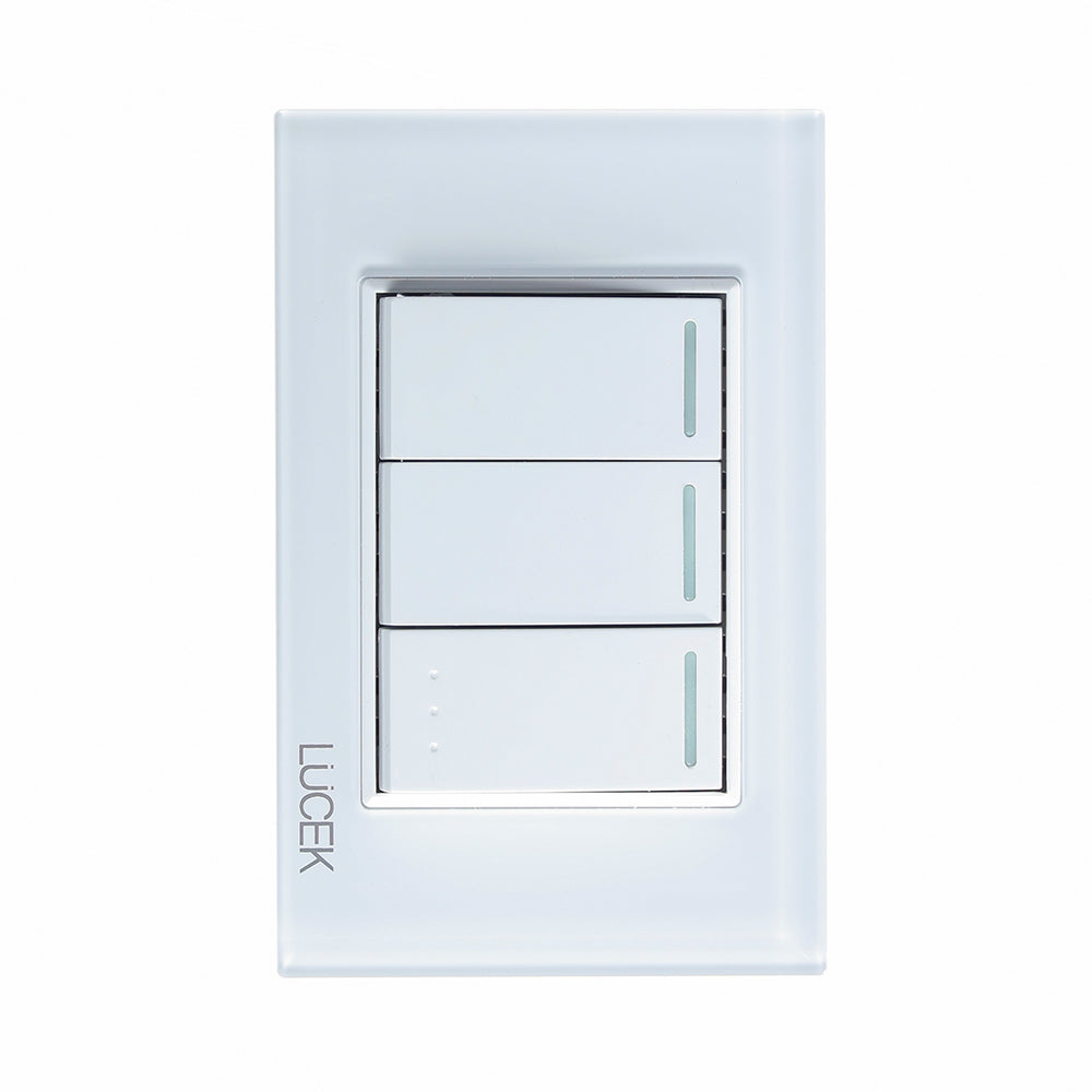 Placa con 2 Interruptores Sencillos y 1 de Escalera de 1 Módulo, Cristal Blanco - LUCEK