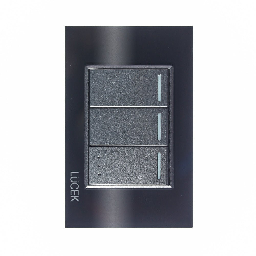 Placa con 2 Interruptores Sencillos y 1 de Escalera de 1 Módulo, Cristal Negro - LUCEK