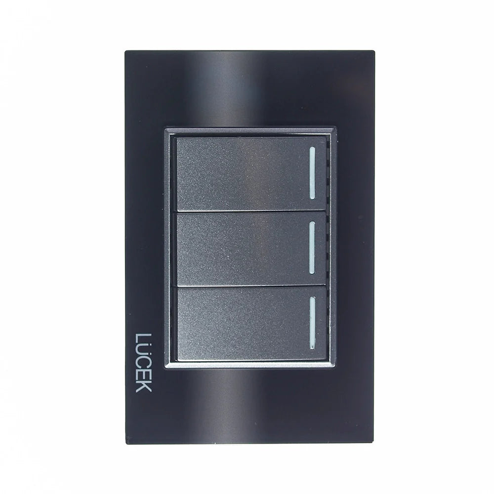 Placa con 3 Interruptores Sencillos de 1 Módulo, Cristal Negro - LUCEK