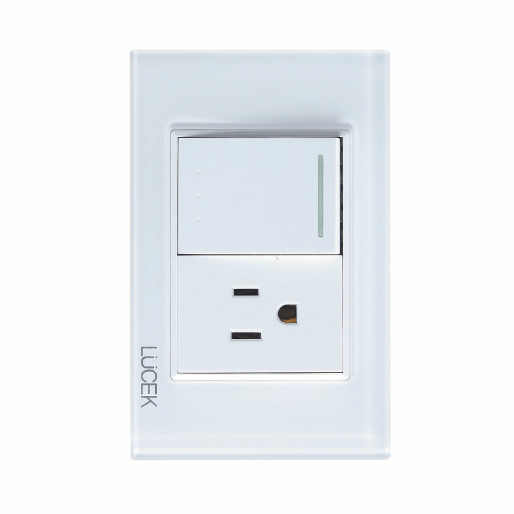 Placa con 1 Interruptor de Escalera y 1 Contacto de 1.5 Módulos, Cristal Blanco - LUCEK