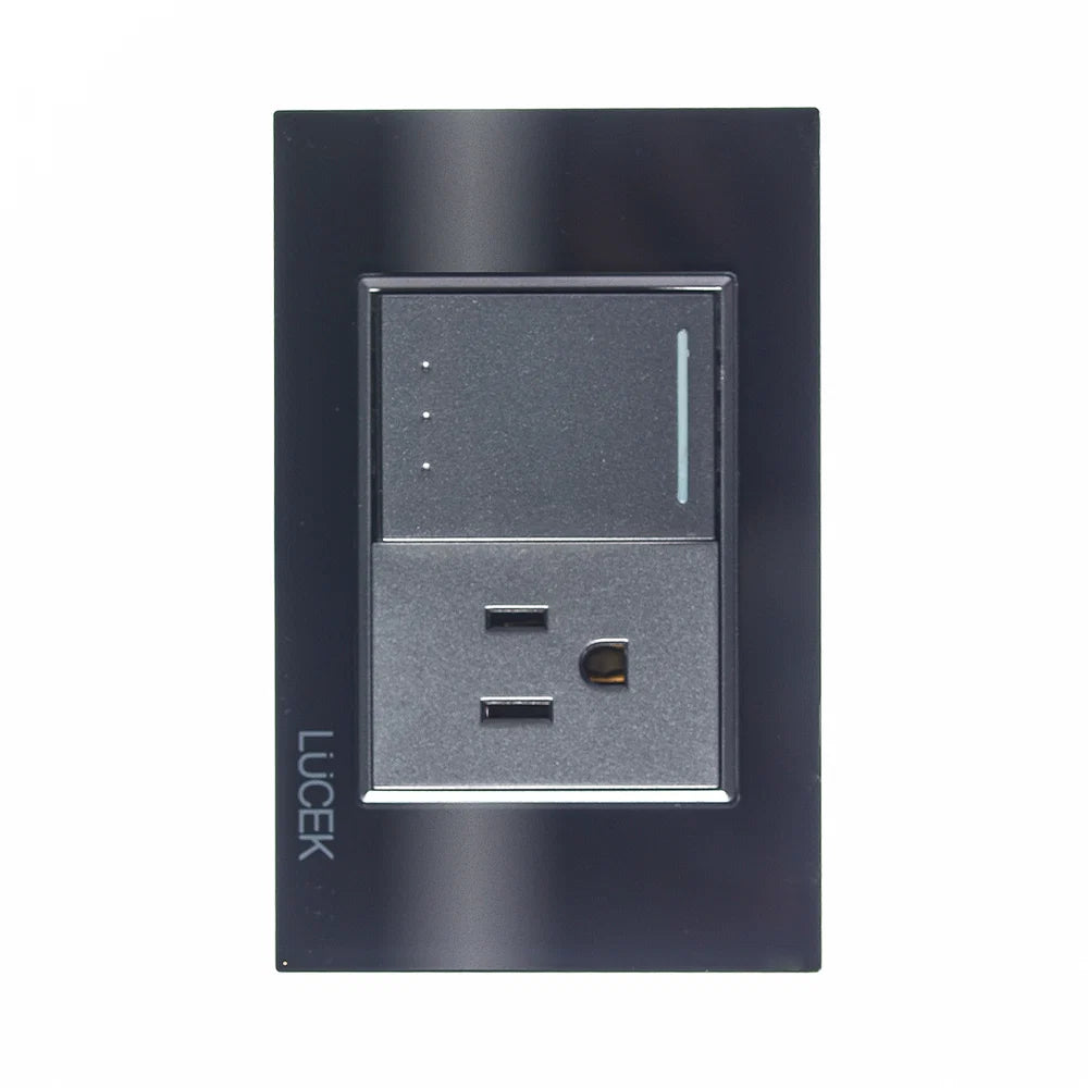 Placa con 1 Interruptor de Escalera y 1 Contacto de 1.5 Módulos, Cristal Negro - LUCEK