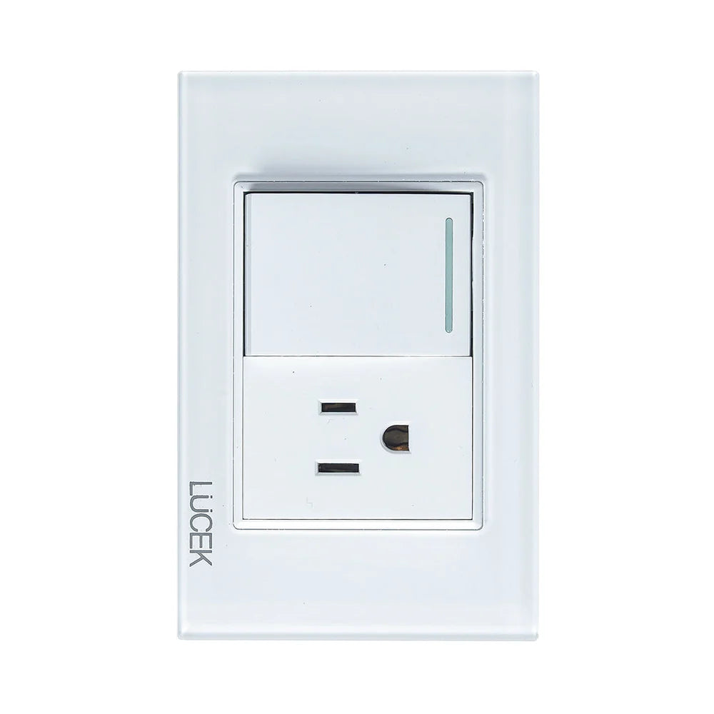Placa con 1 Interruptor Sencillo y 1 Contacto de 1.5 Módulos, Cristal Blanco - LUCEK