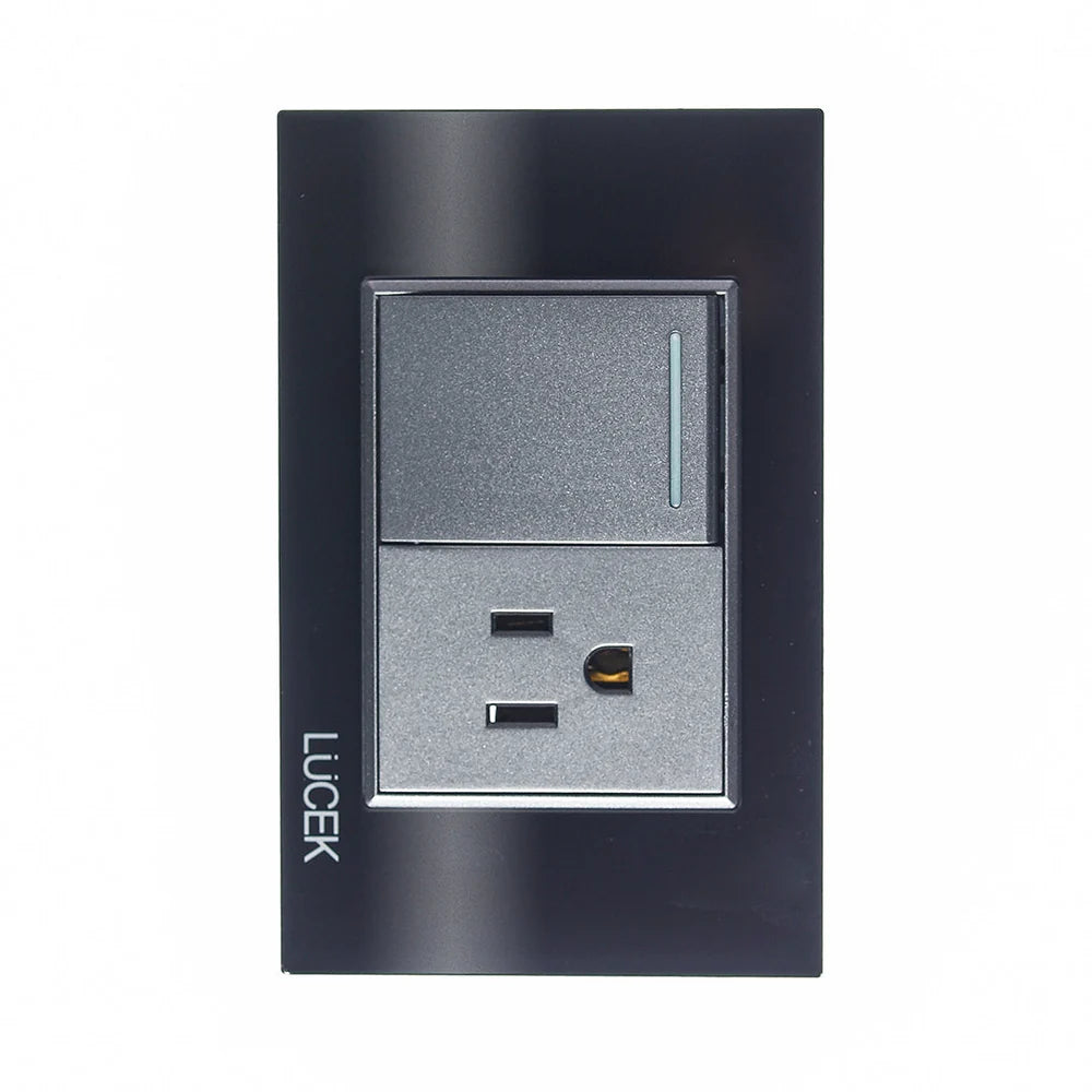 Placa con 1 Interruptor Sencillo y 1 Contacto de 1.5 Módulos, Cristal Negro - LUCEK