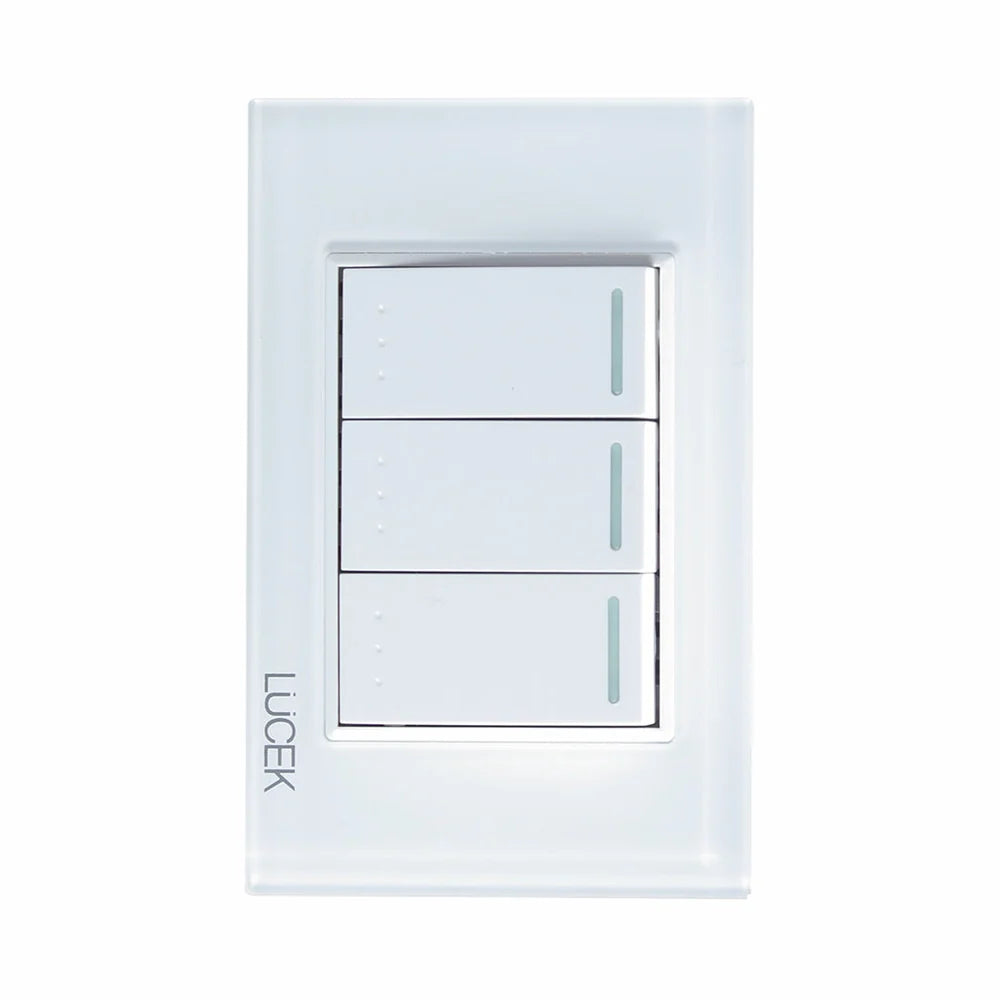 Placa con 3 Interruptores de Escalera de 1 Módulo, Cristal Blanco - LUCEK