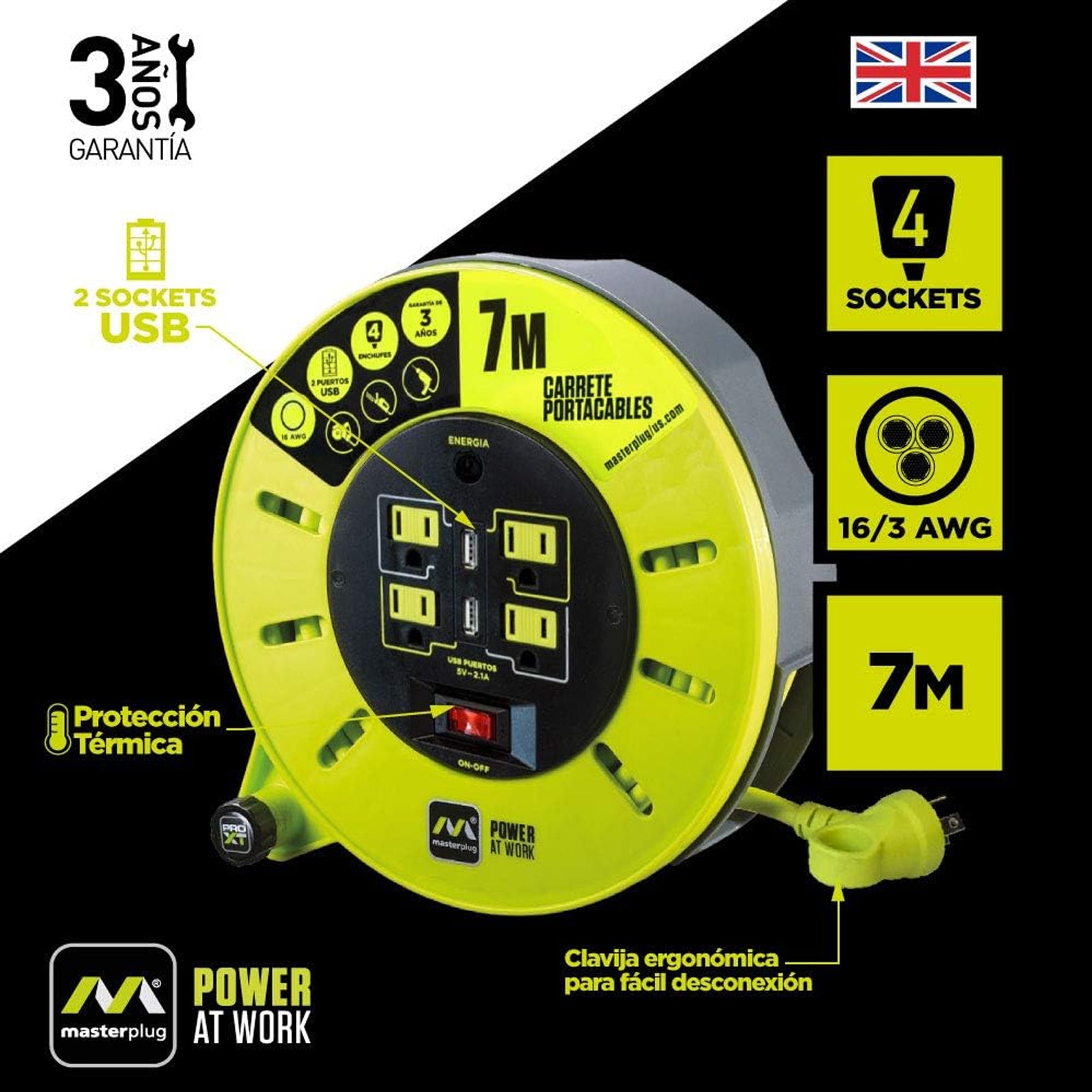 Extensión Eléctrica Tipo Cassette 7m Reel con 4 Multicontactos Calibre 16 – Luceco