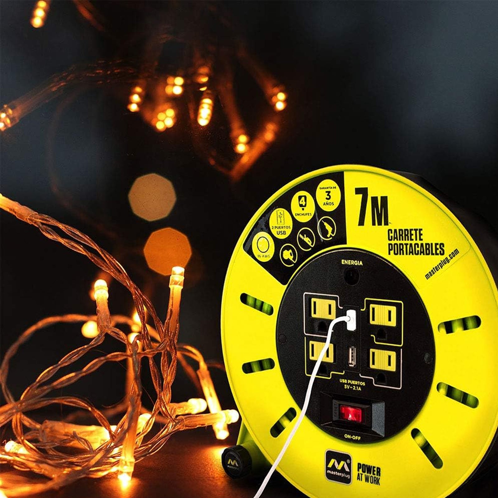 Extensión Eléctrica Tipo Cassette 7m Reel con 4 Multicontactos Calibre 16 – Luceco