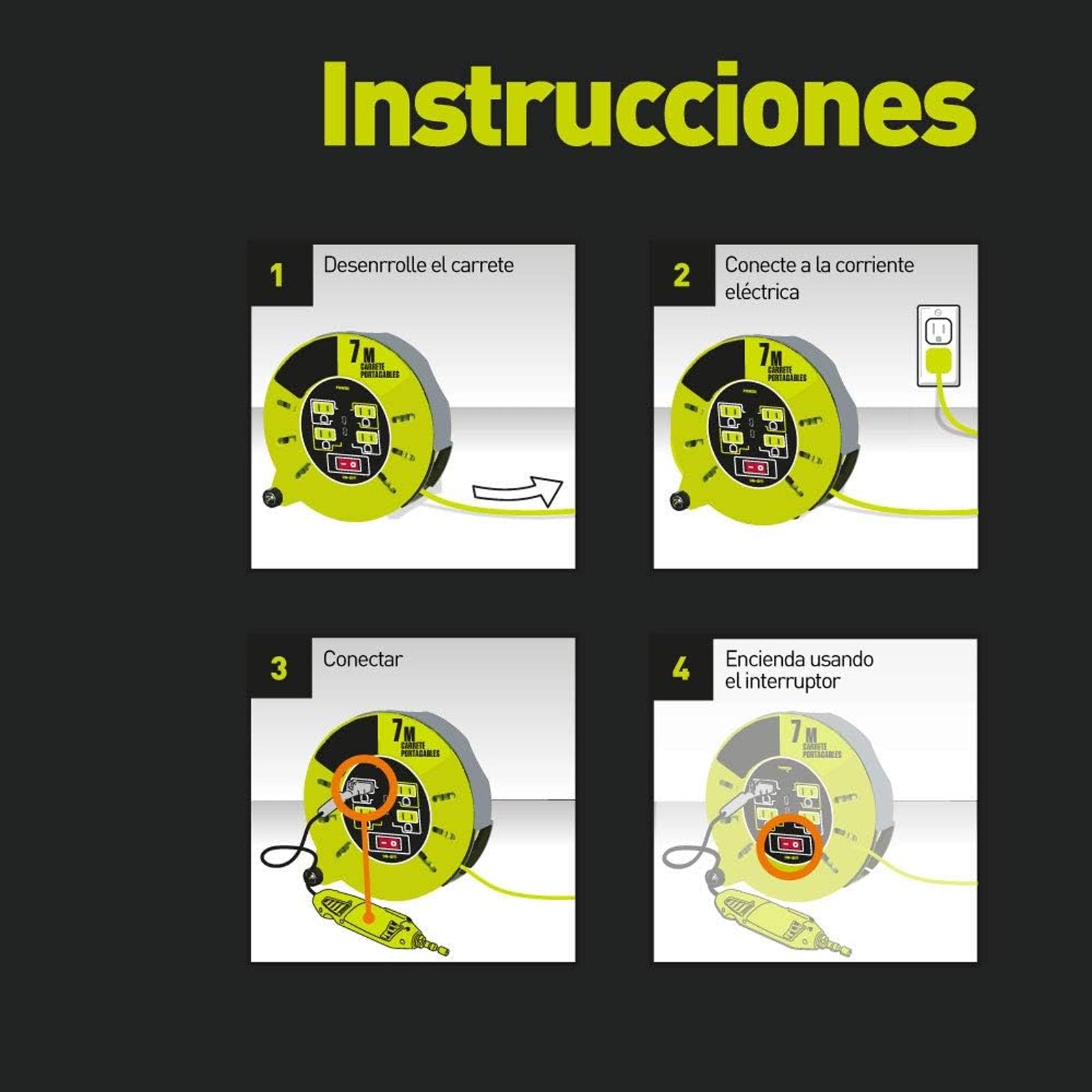 Extensión Eléctrica Tipo Cassette 7m Reel con 4 Multicontactos Calibre 16 – Luceco