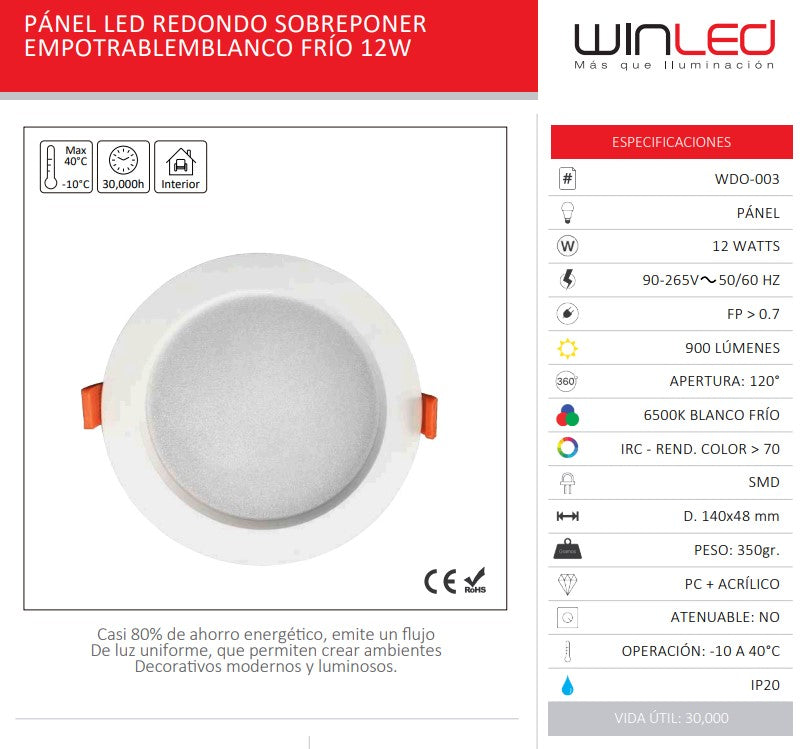 Panel LED Redondo Sobreponer Empotrable Blanco Frío 12W – Winled