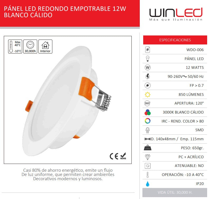 Panel LED Redondo Sobreponer Empotrable Blanco Cálido 12W – Winled