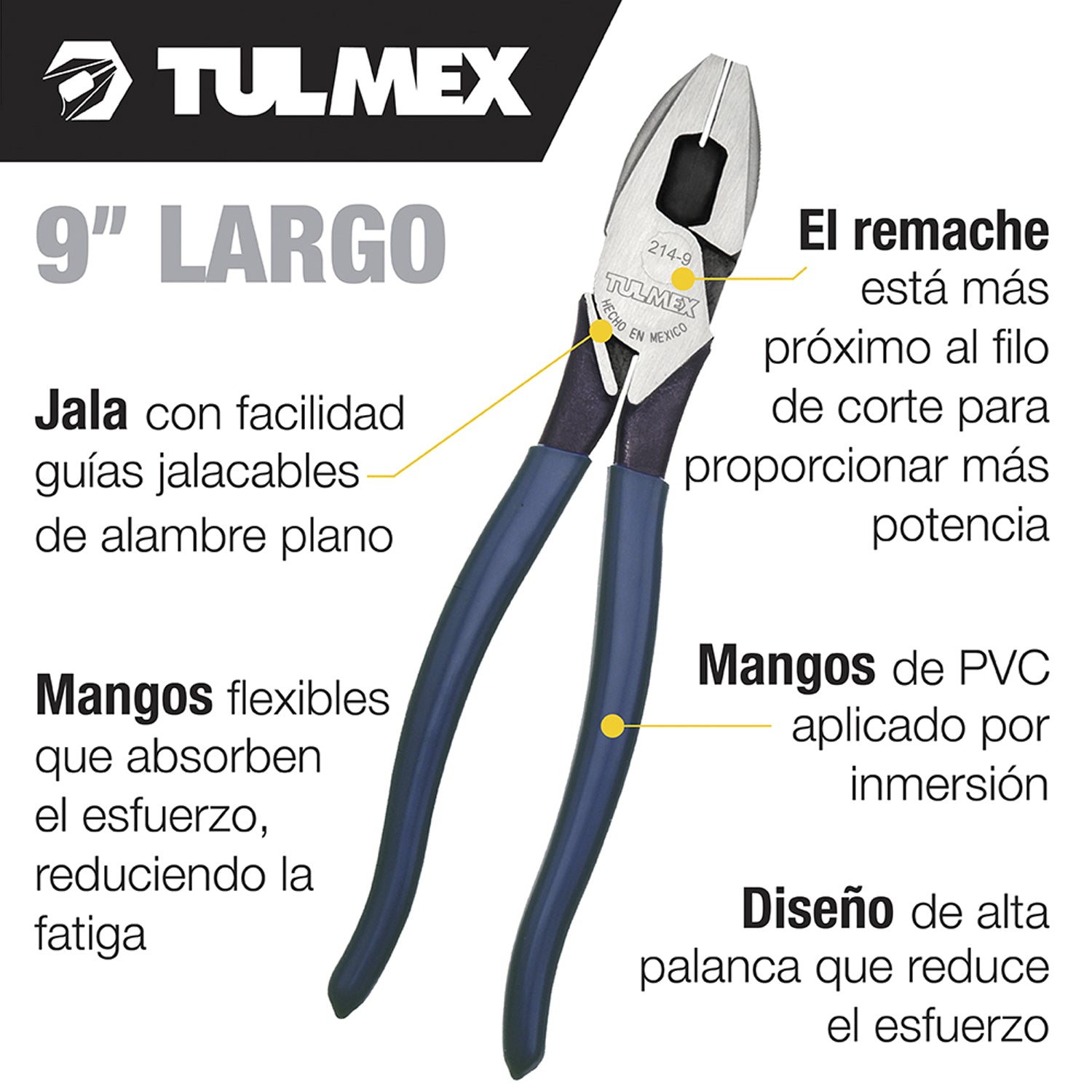 Pinza de Electricista Alta Palanca y Jalaguía 9" Azul – Tulmex