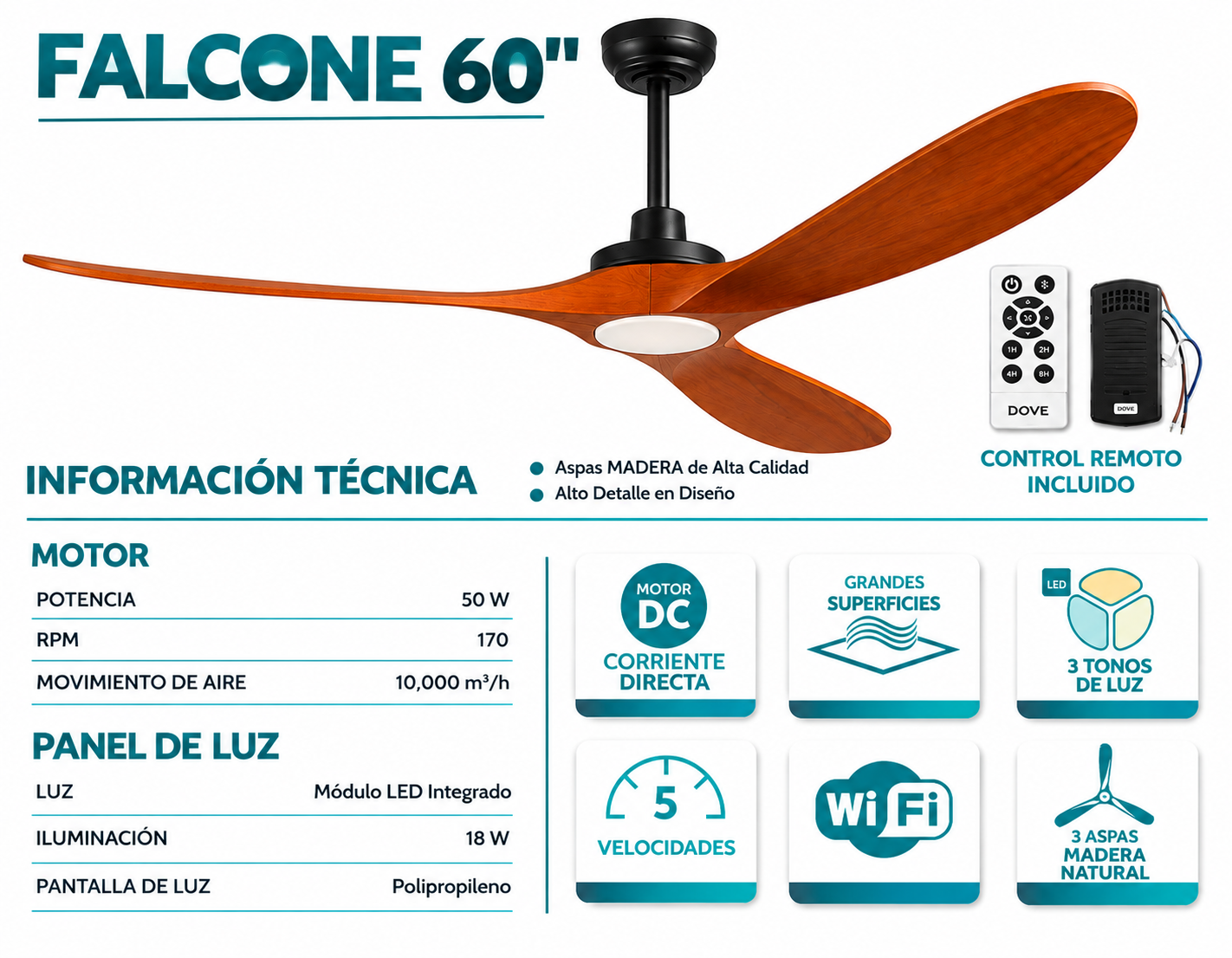 Ventilador de Techo Falcone 60" LED CCT con 3 Aspas de Madera 50W - MASTERFAN