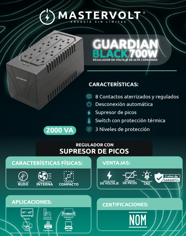 Regulador de Voltaje Mastervolt Guardian Black 700W / 1410 VA - 8 Contactos - MASTERFAN