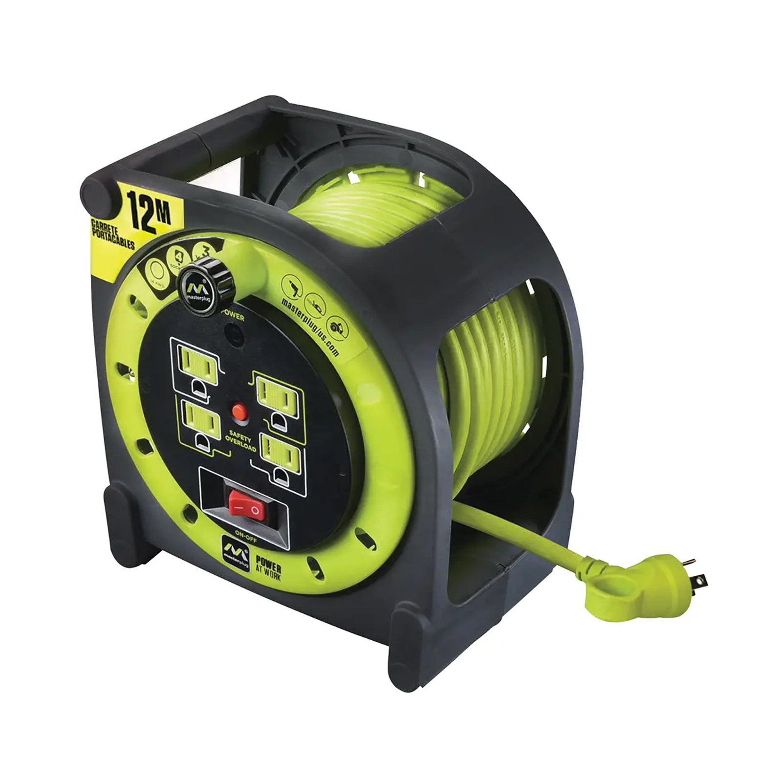 Extensión Eléctrica Tipo Cassette 12m Reel con 4 Multicontactos Calibre 14 – Luceco