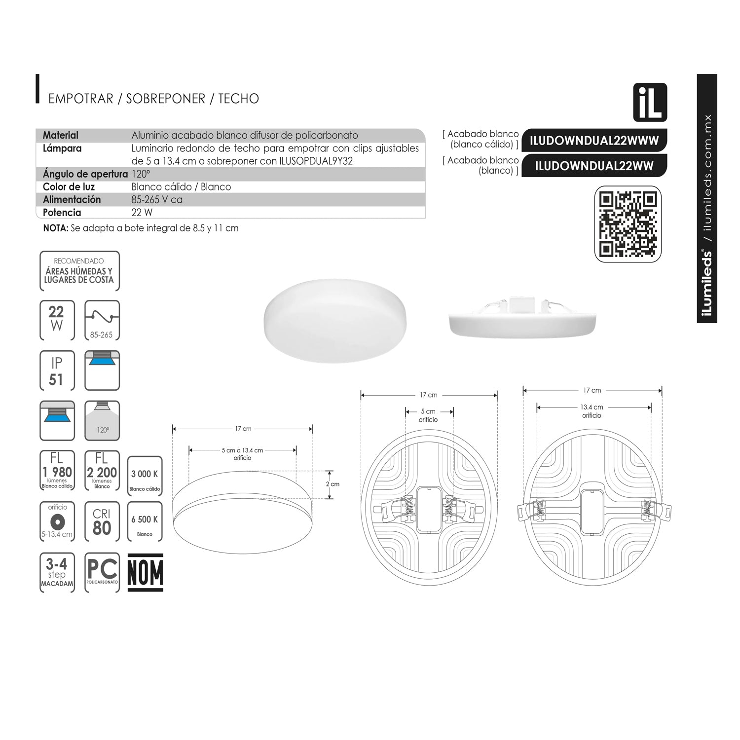 Empotrado LED Redondo 22W Luz Cálida 100-240V – Ilumileds