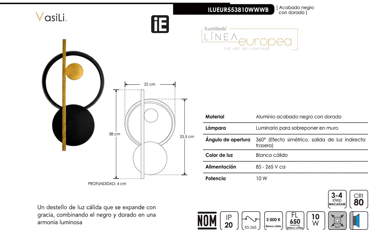 Luminario de Pared LED VasiLi 10W 3000K  Negro/Dorado 85-265V IP20 -  iLumleds