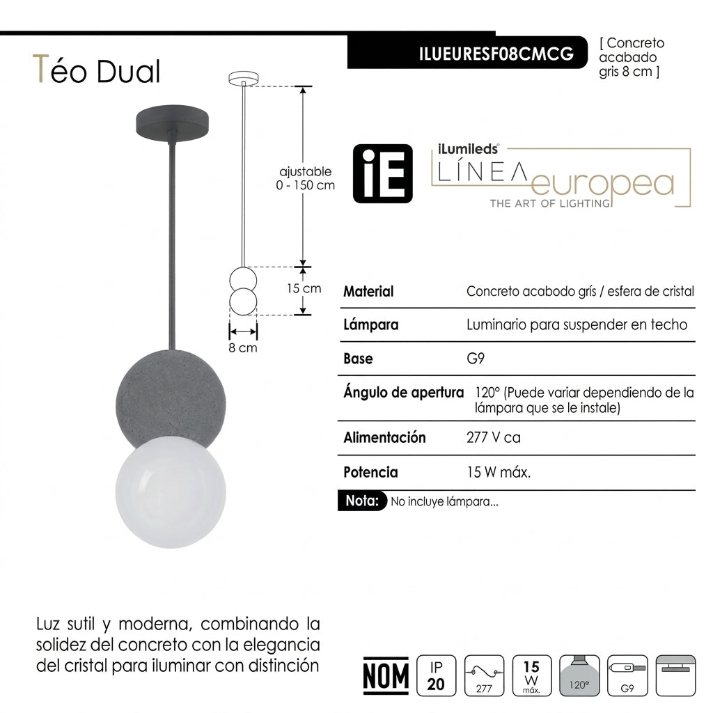 Lámpara Colgante de Techo Téo Dual: Concreto Gris con Esfera de Cristal 8 cm Base G9 -  iLumleds