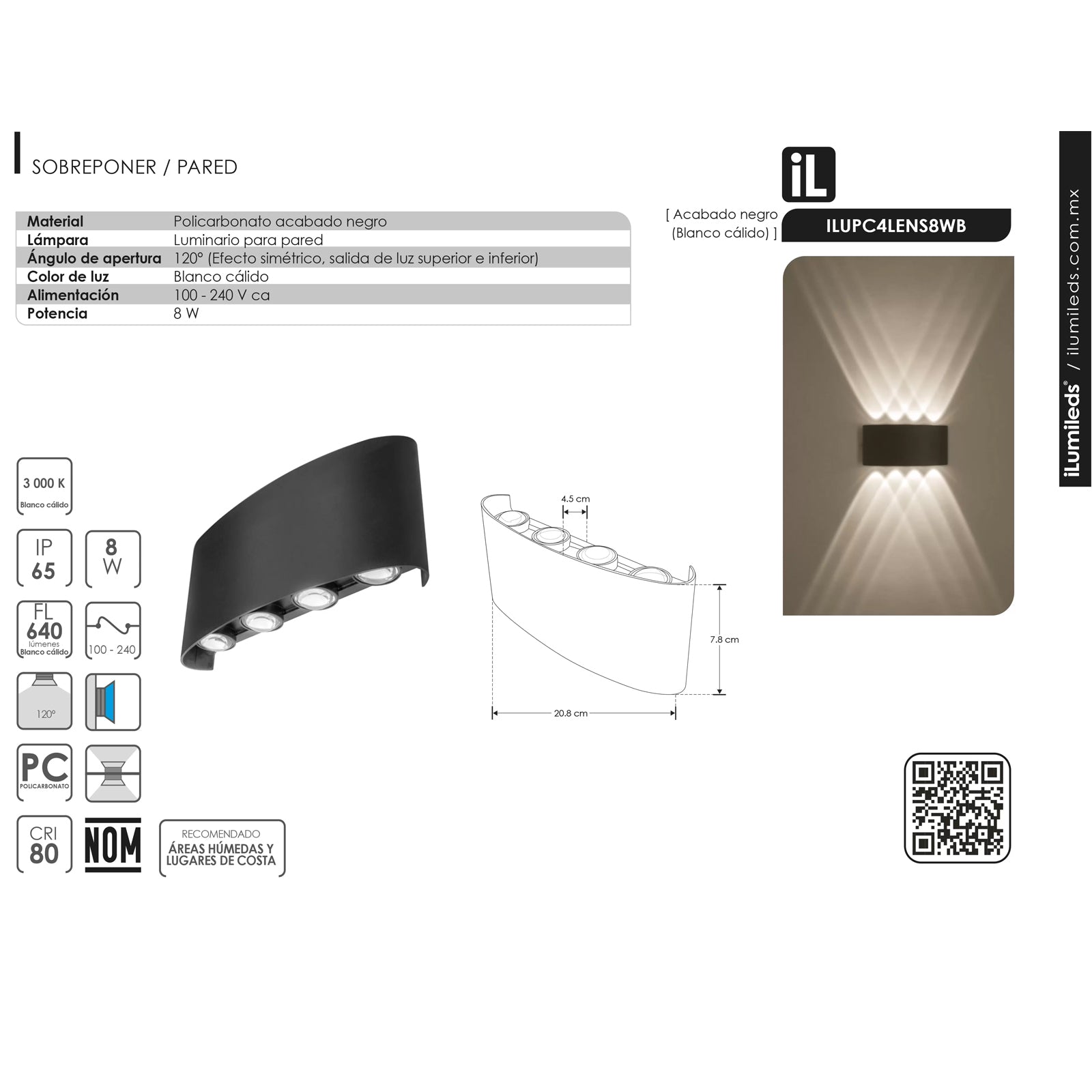 Lámpara Pared Blanco Cálido 8W 85-265V IP65 – Ilumileds