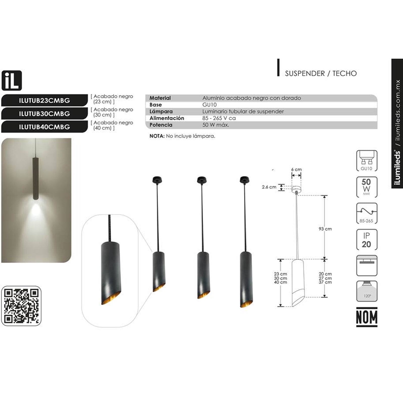 Lámpara Colgante Tubular Negro/Dorado 40cm IP20– Ilumileds