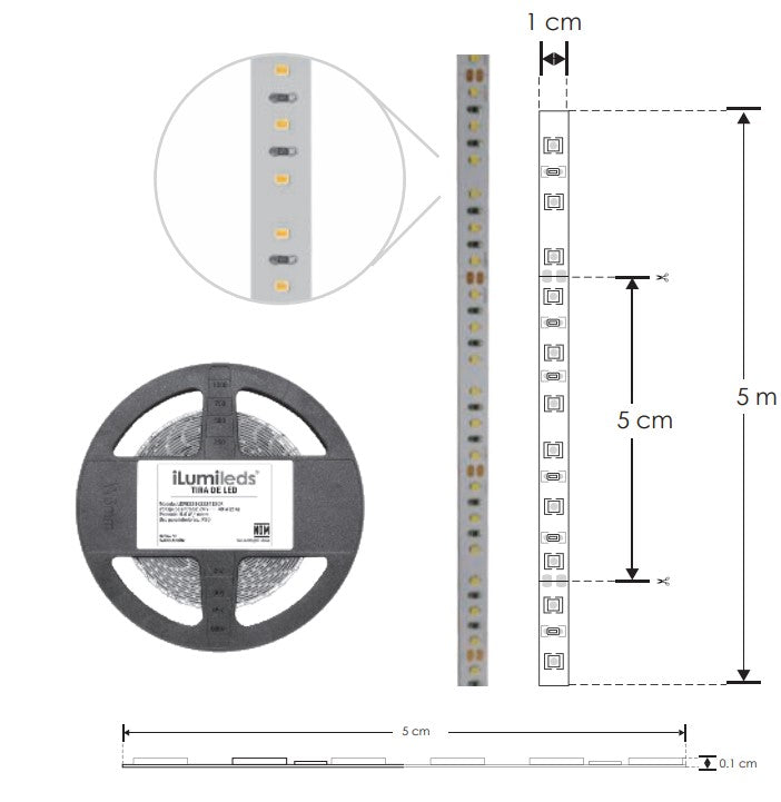 Tira LED 5 Metros 48W 4100K 24V IP20 2216 600 LEDs Blanco Neutro - ILUMILEDS