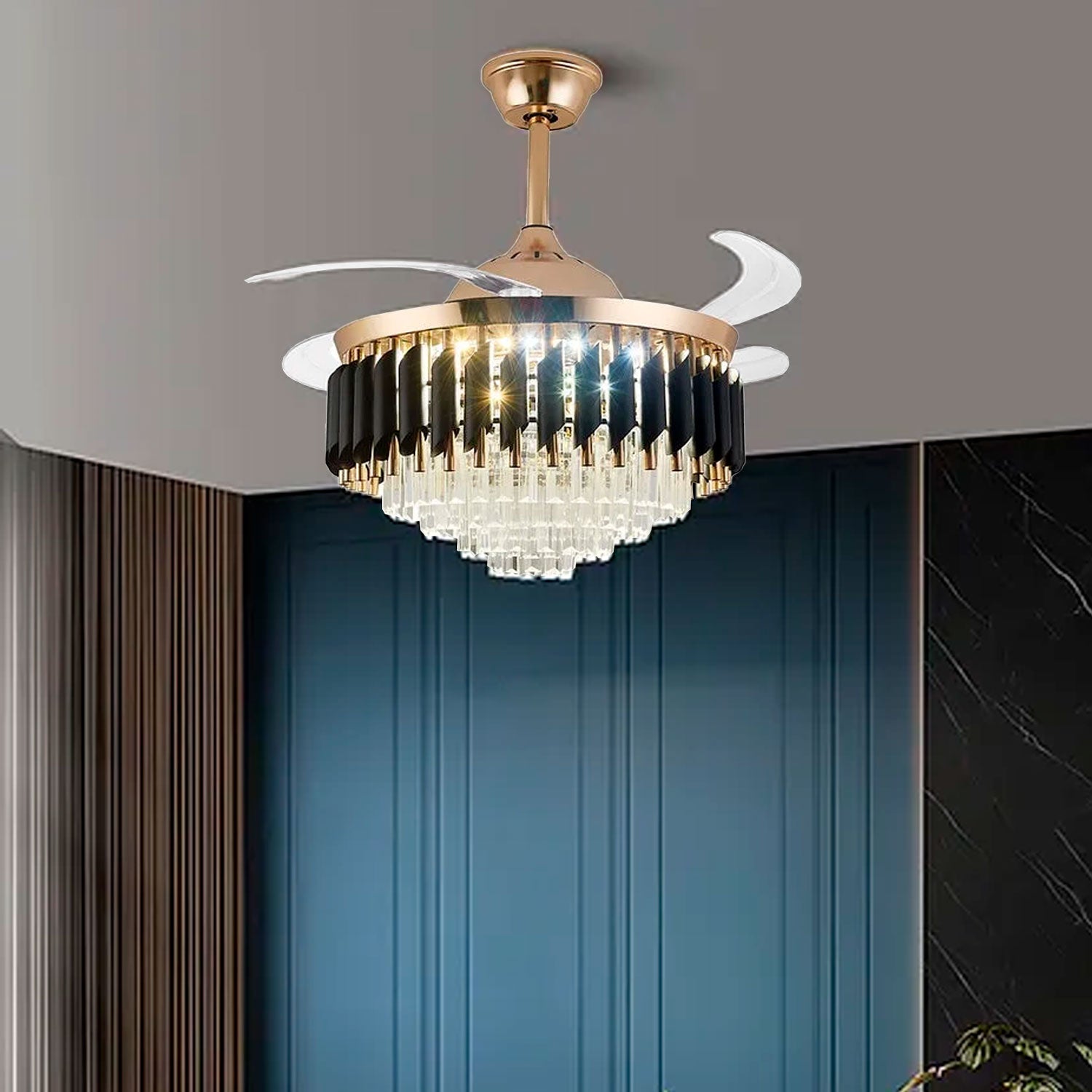 Ventilador Retráctil Oro y Negro 3 Tonos de Luz – Luxica