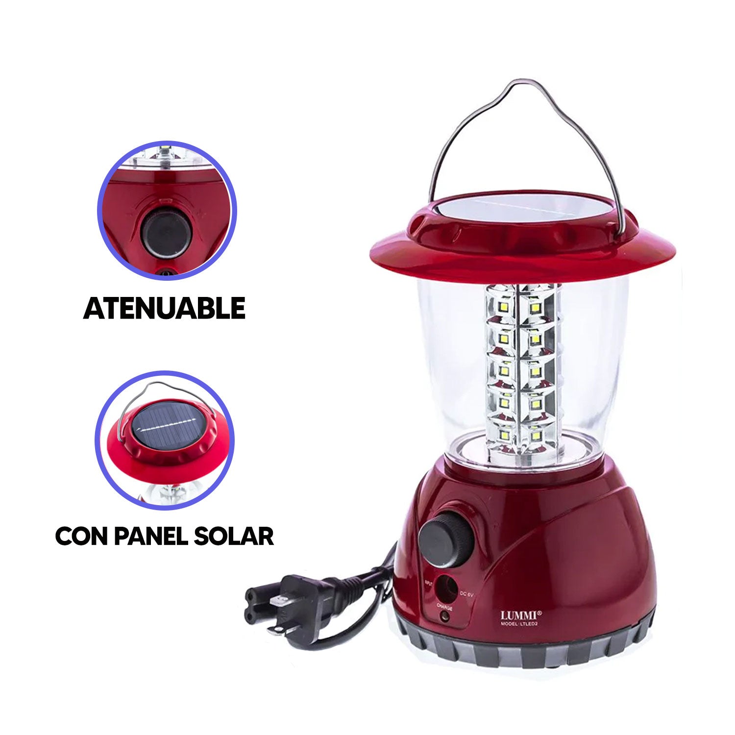 Linterna Portátil Led con Panel Solar 6500K 2W 127V IP65 Rojo  –  LUMMI