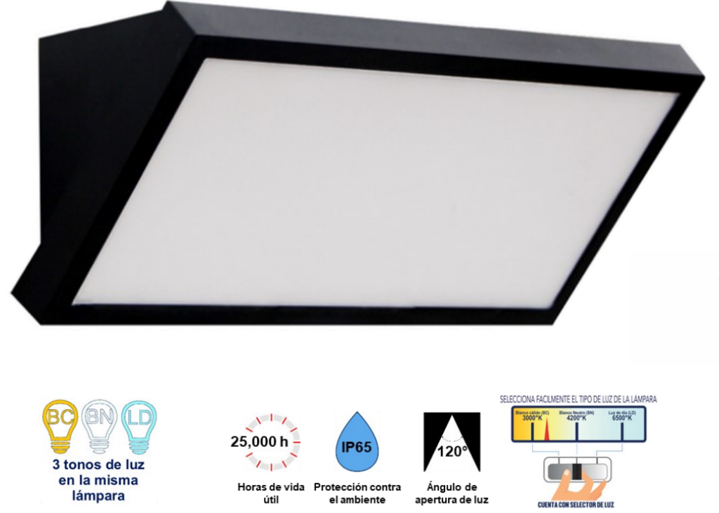 Arbotante LED Rectangular 20W IP65 3 Tonos de Luz 127V Exterior - LUMMI