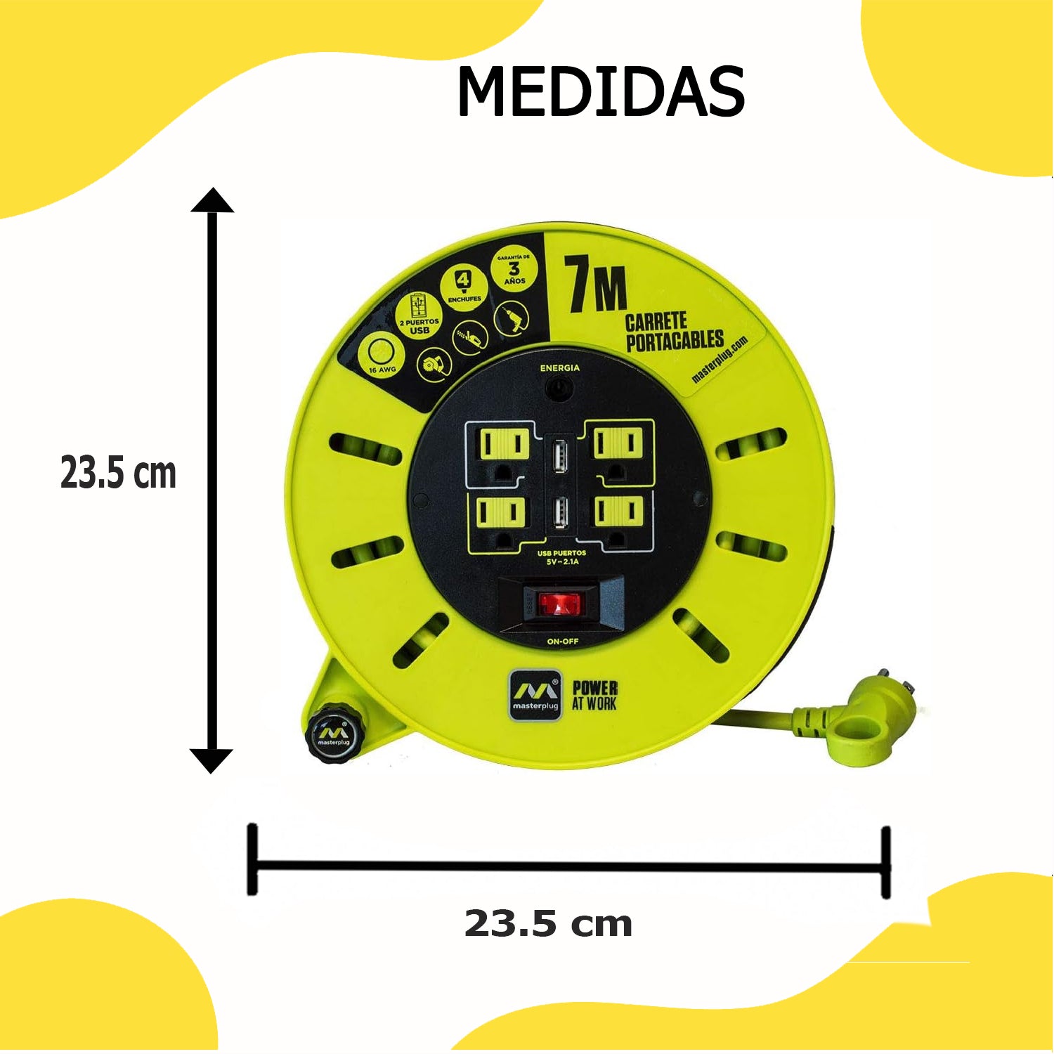 Extensión Eléctrica Tipo Cassette 7m Reel con 4 Multicontactos Calibre 16 – Luceco