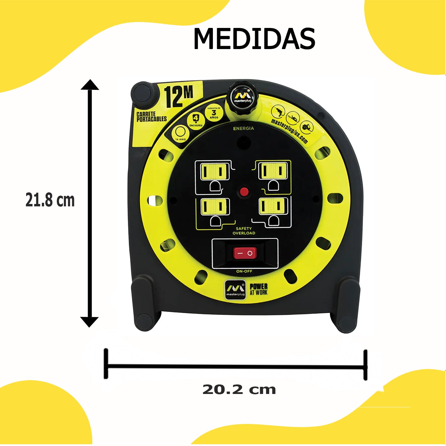 Extensión Eléctrica Tipo Cassette 12m Reel con 4 Multicontactos Calibre 14 – Luceco