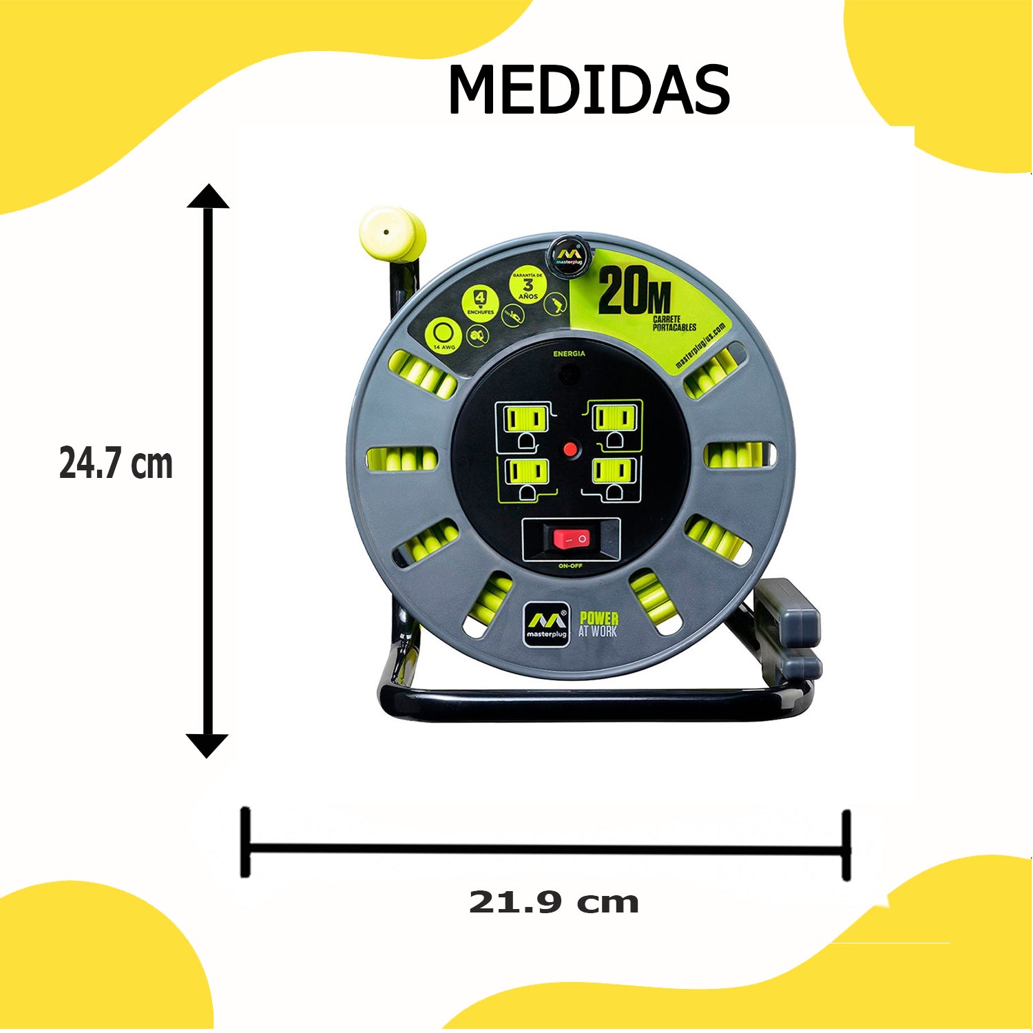 Extensión Eléctrica Tipo Cassette 20m Reel con 4 Multicontactos Calibre 14 – Luceco
